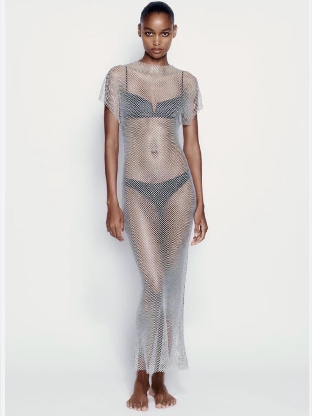 Zara Silver Mesh Midi Dress with Dolman Shoulders